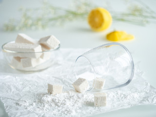 Fototapeta na wymiar vanilla marshmallow slices with lemon