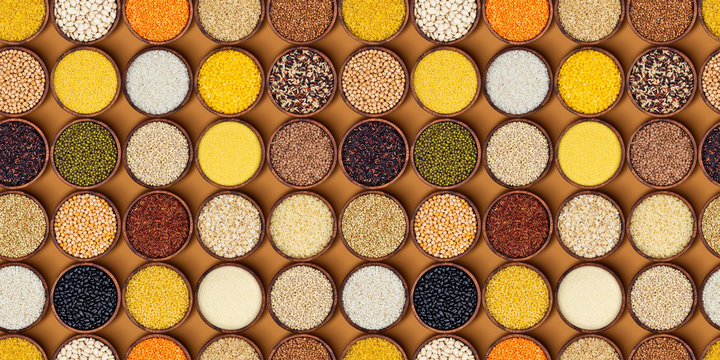 Cereals, grains and flakes in wooden bowls. Seamless pattern. Top view