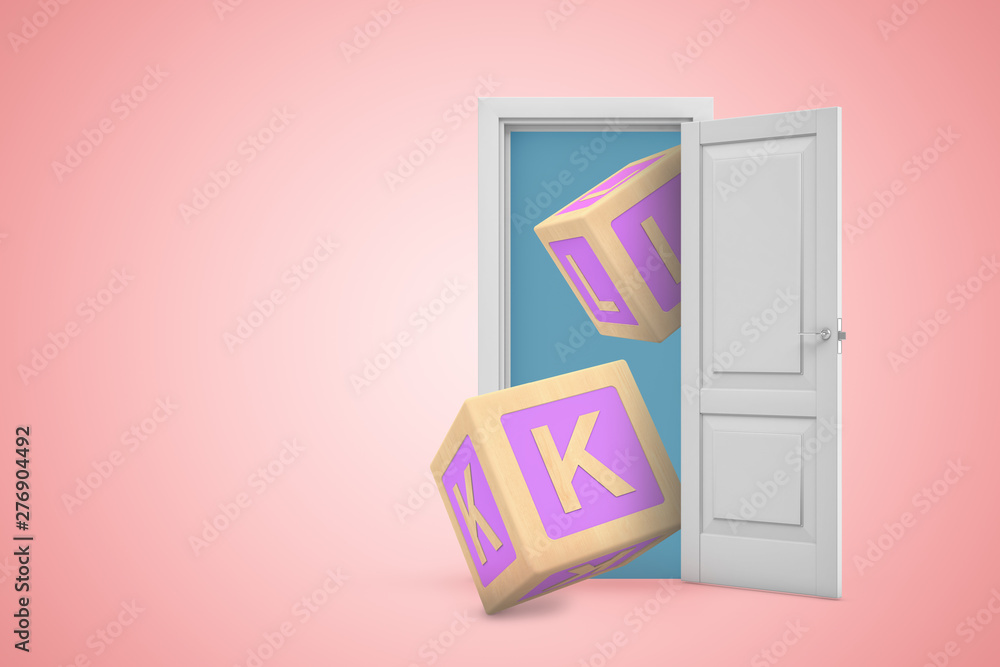 Poster 3d rendering of open door on pink gradient copyspace background and two big abc blocks flying from d