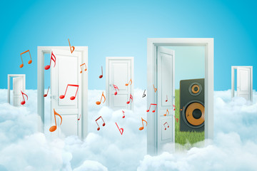 3d rendering of five doors standing on fluffy clouds, one door leading to audio column speaker on green lawn, with many red notes flying from door.