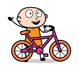Saying Hello with Hand Gesture While Walking with Cycle - Cartoon thief criminal Guy Vector Illustration