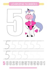 Funny children flashcard number five. Unicorn with hearts learning to count and to write. Coloring printable worksheet for kindergarten and preschool. Number writing practice 5.