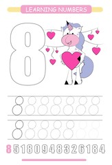 Funny children flashcard number eight. Unicorn with hearts learning to count and to write. Coloring printable worksheet for kindergarten and preschool. Number writing practice 8.