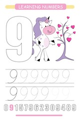 Funny children flashcard number nine. Unicorn with hearts learning to count and to write. Coloring printable worksheet for kindergarten and preschool. Number writing practice 9.