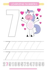Funny children flashcard number seven. Unicorn with hearts learning to count and to write. Coloring printable worksheet for kindergarten and preschool. Number writing practice 7.