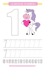 Funny children flashcard number one. Unicorn with hearts learning to count and to write. Coloring printable worksheet for kindergarten and preschool. Number writing practice 1.