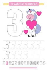 Funny children flashcard number three. Unicorn with hearts learning to count and to write. Coloring printable worksheet for kindergarten and preschool. Number writing practice 3.