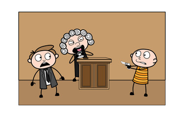 Thief Showing Gun and Lawyer and Judge are Getting Afraid Vector Illustration - obrazy, fototapety, plakaty