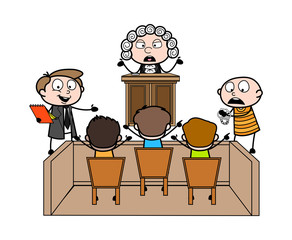 The Case is Going On in Courtroom and Audience Cheering Up Vector Illustration - obrazy, fototapety, plakaty