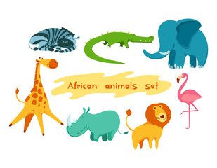 Set of cute and funny african animals. Collection of cartoon characters isolated on white background. Flat vector illustration.
