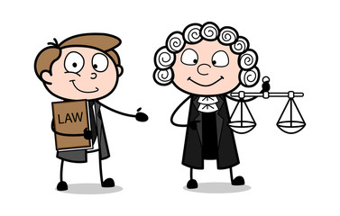 Cartoon Lawyer Presenting That A Judge Standing with a Scale Vector Illustration