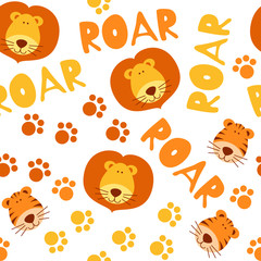 Fototapeta premium Seamless pattern with cute tigers and lions. Repeated ornament with animal faces, text and clutches. Bright and funny design for children fabric, wallpaper or background.