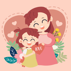 I love mom card. Happy mother's day . mother and baby on heart background.Happy mother's day is holiday for celebrate about mother. cute cartoon flat vector style