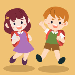 The vector illustration of character cartoon kids going to the school. The Boy and girl are going to School. They look happy and read for back to school.a cute student kids in flat vector style