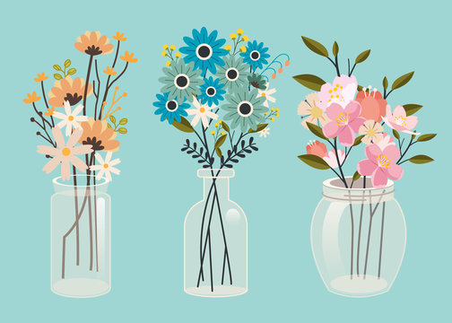 The collection set of flower in the jar pack in flat vector art. The transparent jar have a flower. beautiful flower in the jar on blue background can use for banner and pattern.