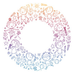 creative kids dancing, sing, playing football, playing guitar, violin, making models from paper. Gradient drawing.