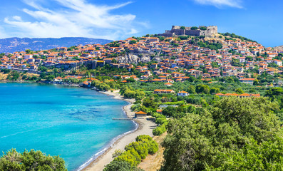 travel in Lesvos island - view of beautiful Molyvos (Molivos) town. Best of Greece - obrazy, fototapety, plakaty