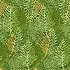 Bright fresh green seamless pattern with tropical leaves. Elegant vector accent orange exotic fern leaf texture for textile, wrapping paper, surface, cover, web design