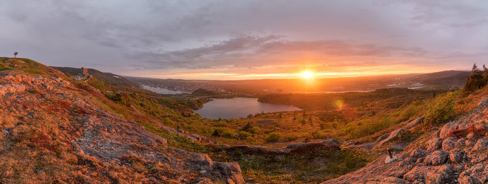 Panorama of St Johns Newfoundland from the top of Signal Hill National Historic Site at sunset. 