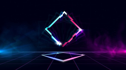 Retrowave background with sparkling glitched rhombus and blue and purple glows with smoke.