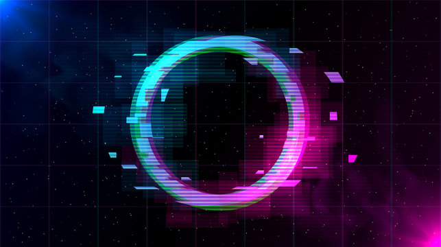 Retrowave Glitch Circle With Sparkling And Blue And Purple Glows With Smoke.