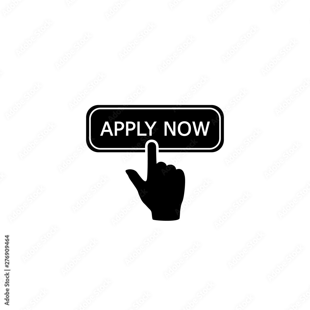 Poster apply now icon in flat style. finger cursor vector on white isolated. click button business concept