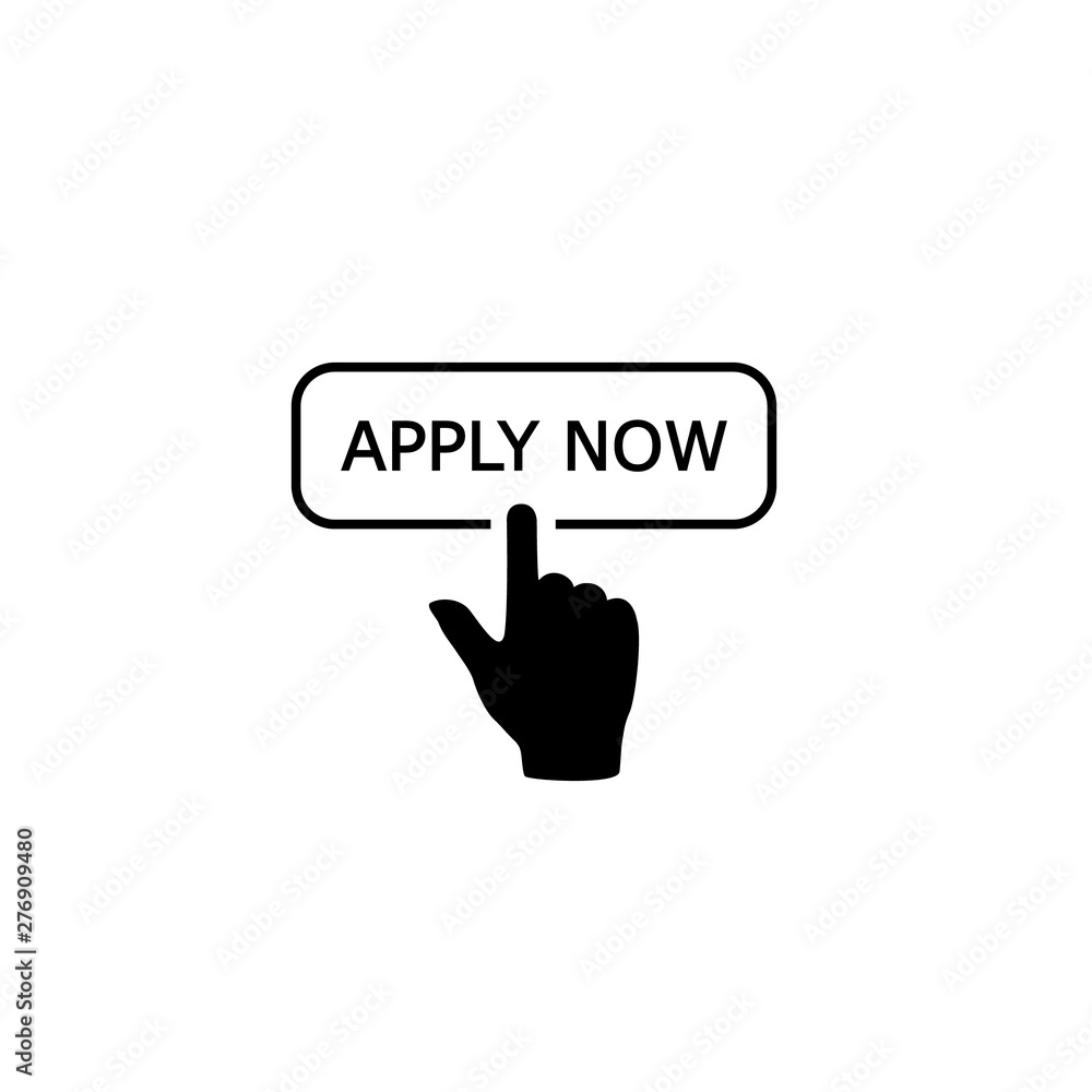 Poster apply now icon in flat style. finger cursor vector on white isolated background. click button busine
