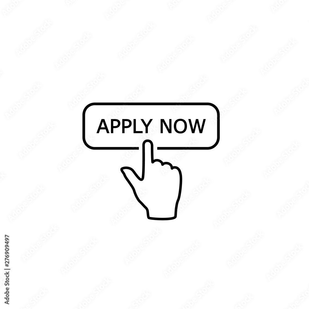 Poster apply now line icon in flat style. finger cursor vector white isolated background. click button busi