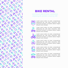 Bike rental concept with thin line icons: rates, bicycle tours, pet trailer, padlock, helmet, child seat, sharing, pointer, deposit, mobile app, cycling route. Vector illustration for sport issues.