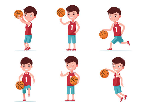 Set boy basketball player playing with a ball
