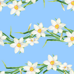 Watercolor narcissus flower seamless pattern. Hand drawn daffodil line illustration. Floral design for textile, wallpaper, wrapping, greeting card, scrapbooking, wedding invitation and package.