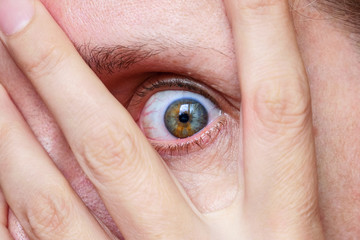 Caucasian woman Scared eye, look through fingers
