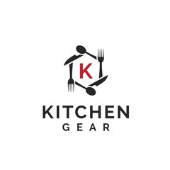 Kitchen gear logo design with hexagon shapes made from fork, spoon and knife