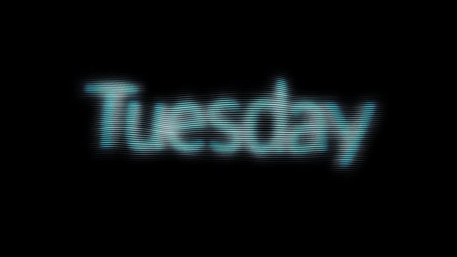 Abstraction of holographic neon Thursday Text blinking on the black background. Animation. Animated text of days of week