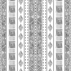 Black and white vector tribal seamless pattern with vertical lines, triangles, and diamonds shapes. Trendy ethnic geometric print for wallpaper, textile, packaging. Hand-drawn look elements.
