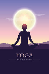 yoga for body and soul meditating person silhouette by full moon vector illustration EPS10