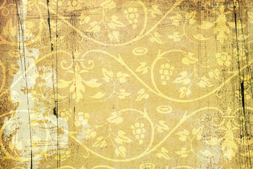 Ressource graphique, fond papier peint baroque et rococo tons ocres, jaunes et brun motif floral bucolique vigne