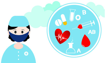 Charity concept for blood donation, doctor and blood character, vector illustration, suitable for wallpaper, banner, background, card, book, illustration, landing page, web and other creative ideas