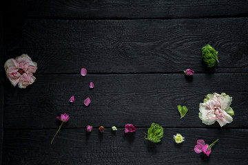 petals of flowers on a black wooden charred background, mock up