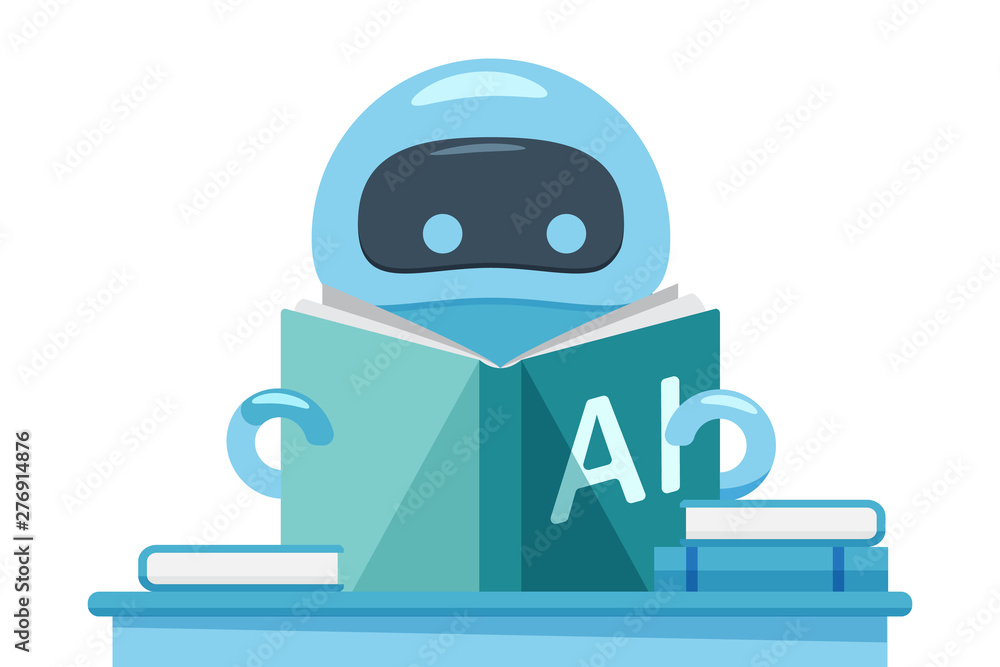 Fototapete robot or bot reading ai exercise book.