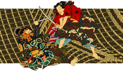 The Dragon on the roof | Hōryūkaku | Samurai combat  | Japanese original between ca. 1830 and 1870  - obrazy, fototapety, plakaty