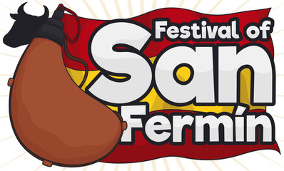 Spain Flag with Canteen and Bull Silhouette for San Fermin, Vector Illustration