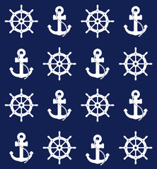 Anchor and Ship's Wheel pattern. Nautical marine blue background seamless design.