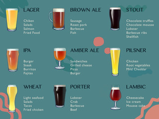 Beer pairing guide for lager, IPA, wheat beer, brown ale, amber ale, porter, stout, pilsner and lambic. Hand drawn. 