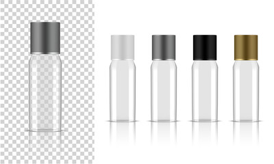 Transparent Bottle. 3D Mock up Realistic Cosmetic, Oil Serum, perfume for Skincare Product Health Care Packaging and Science With metallic, White, Black and Gold Cap on Background Illustration