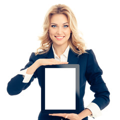 Businesswoman showing blank tablet pc, against white color background