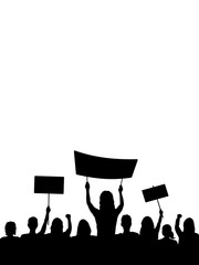 A vector illustration of protesting crowd with posters. The image consists of isolated shapes.