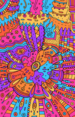 Psychedelic colorful abstract pink and blue background. Doodle pattern drawing. Tribal texture with flowers. Vector illustration