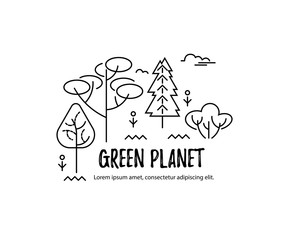 Vector illustration with trees. Place for text. Ecological concept. Template for flyer, poster, invitation, web, announcement, headline. Thin line style design.