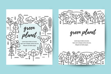 Vector illustration with trees. Place for text. Ecological concept. Template for flyer, poster, invitation, web, announcement. Thin line style design.